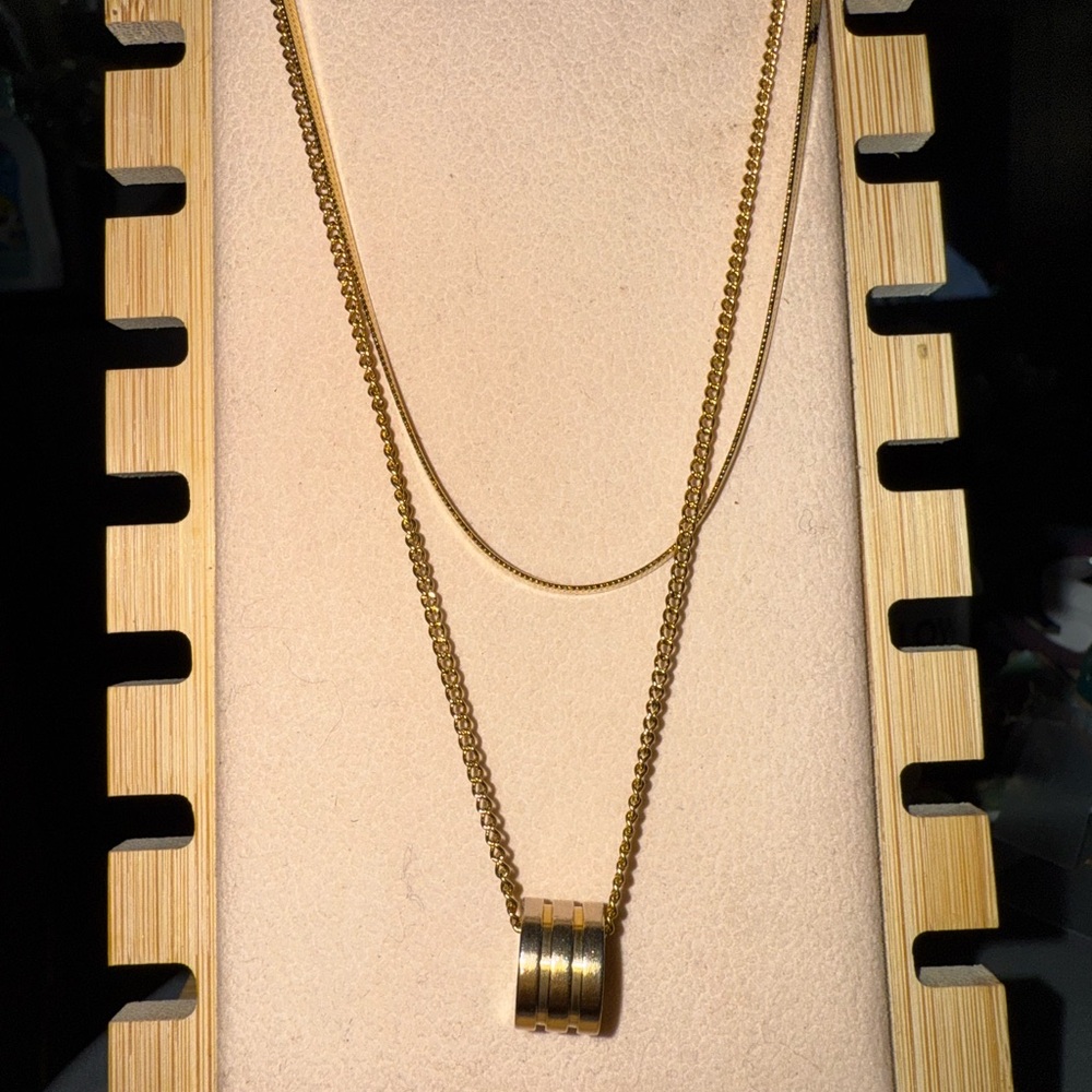 Gold Stainless Steel Necklace with Triple Ring Pendant WILL NOT TARNISH